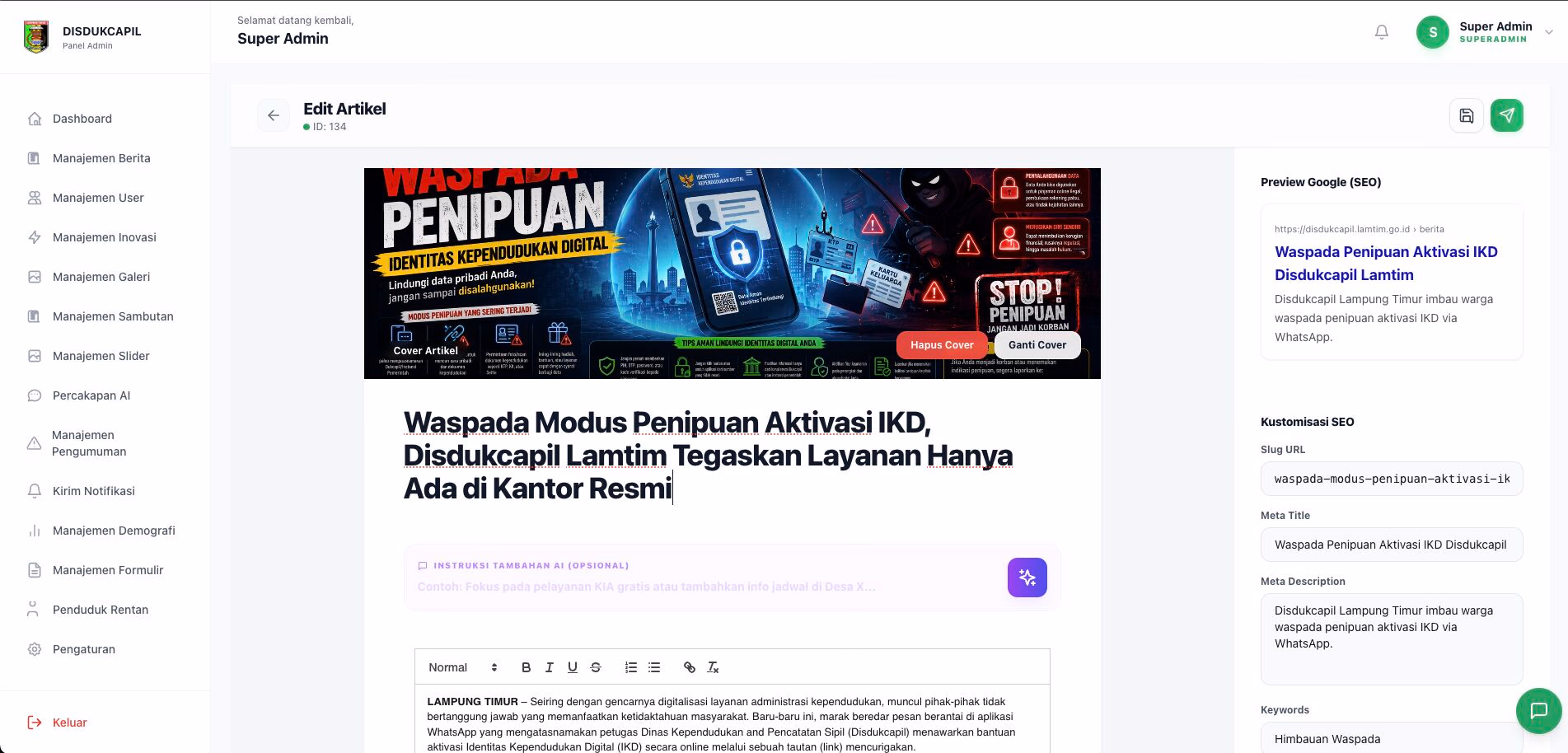 Disdukcapil Lampung Timur — Public News CMS with AI Writing & Live SEO Preview